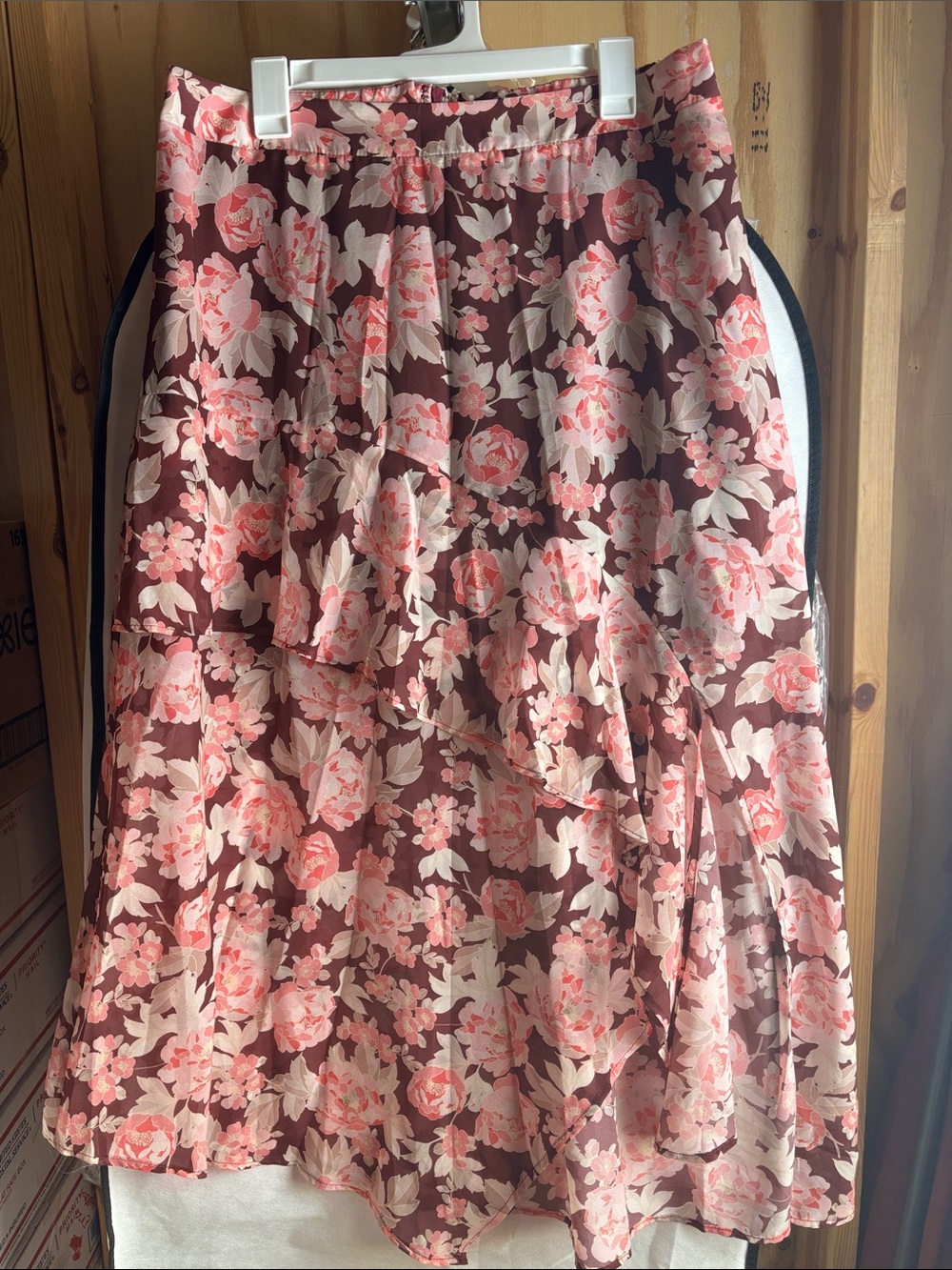 Eloquii Brown Midi Skirt with Pink Floral Print